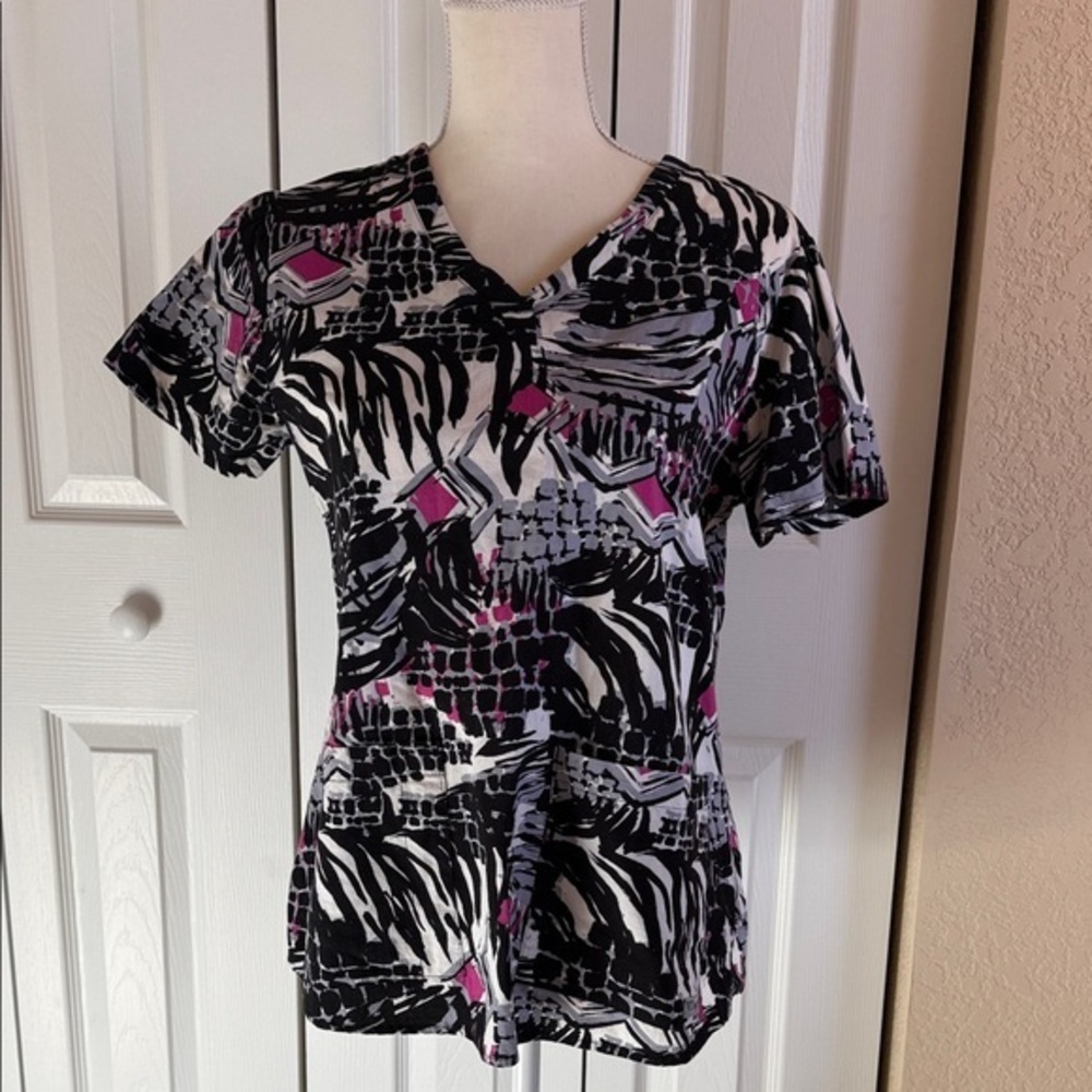 Grey's Anatomy Abstract Black and Pink Short Sleeve Scrub Top